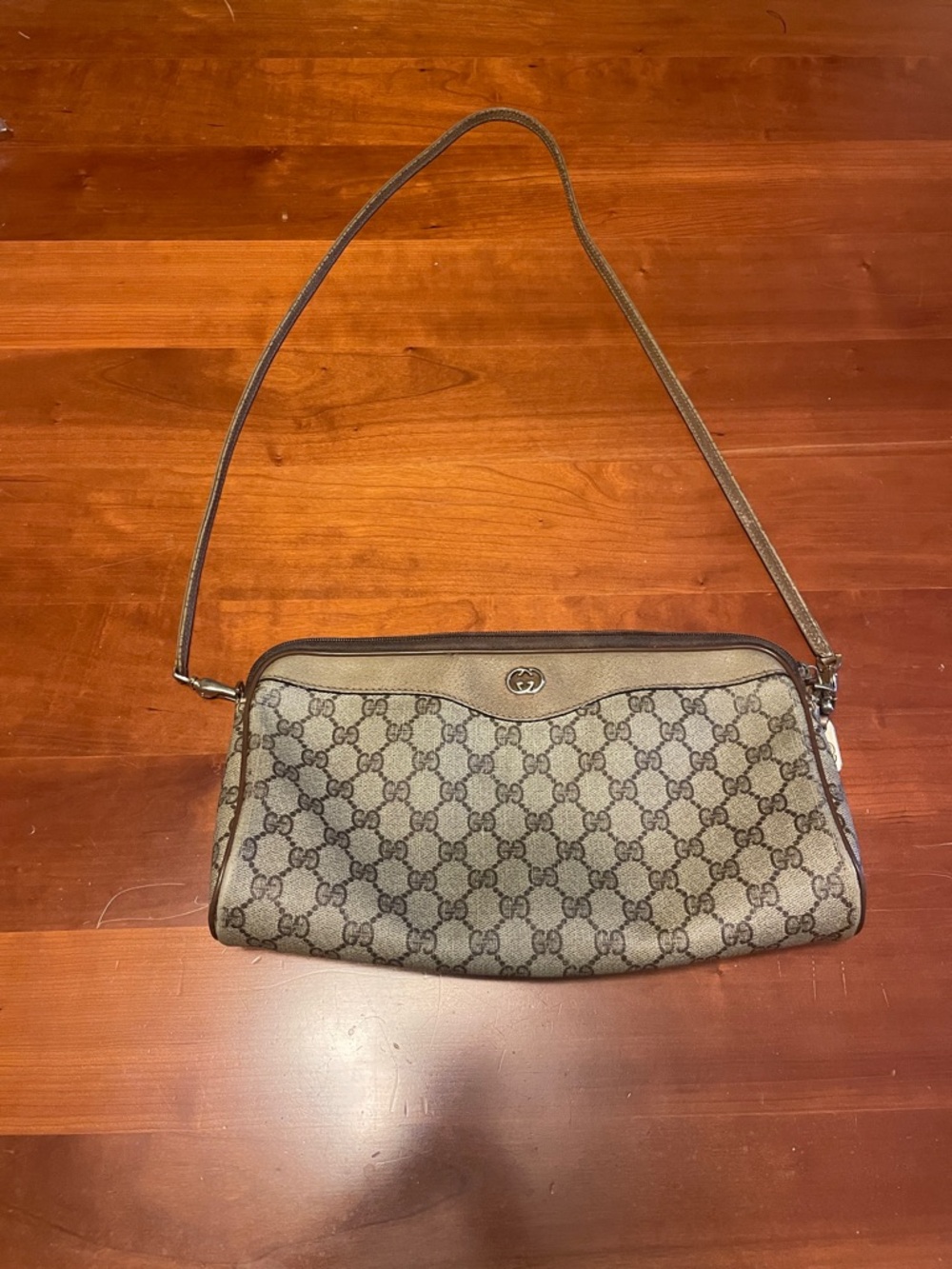 Gucci Brown GG Monogram Shoulder Bag with Leather Trim
